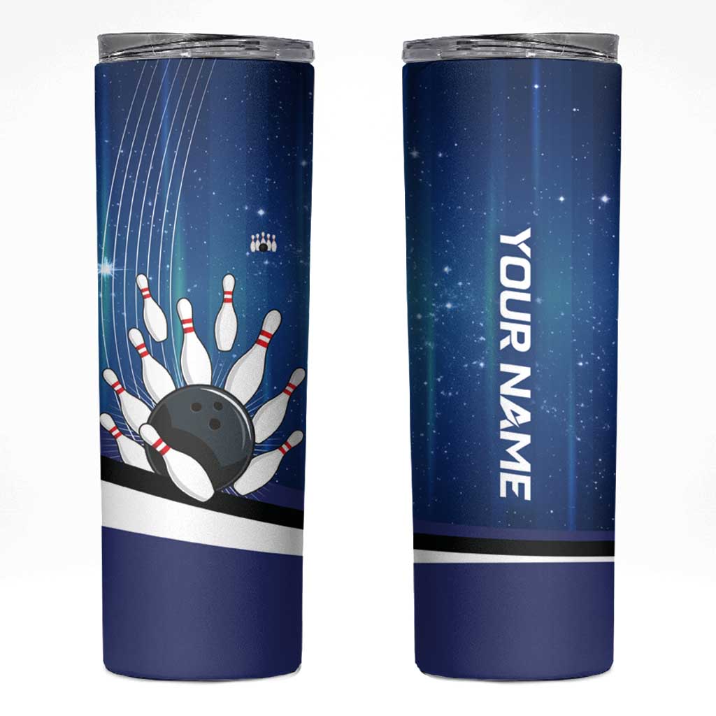 Custom Galaxy Bowling Skinny Tumbler with Striking Pins and Ball Design - Wonder Print Shop