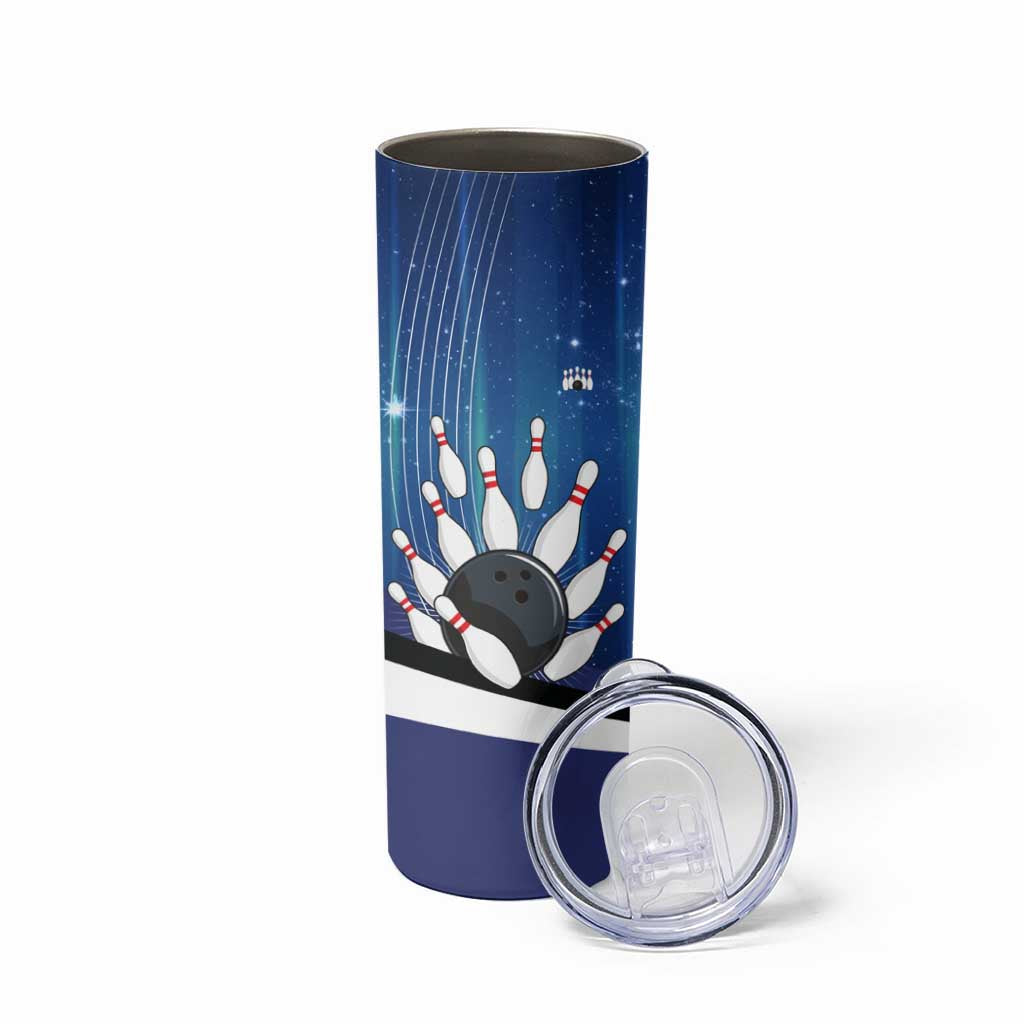 Custom Galaxy Bowling Skinny Tumbler with Striking Pins and Ball Design - Wonder Print Shop