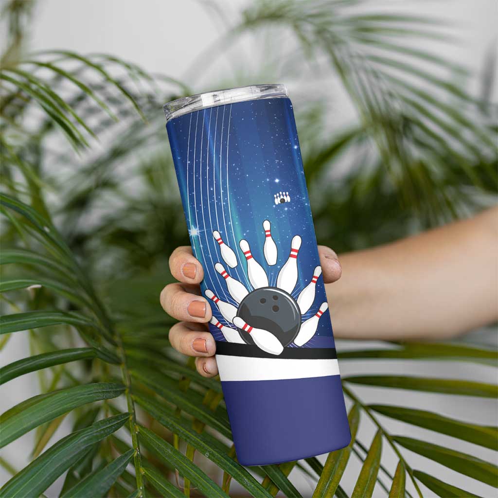 Custom Galaxy Bowling Skinny Tumbler with Striking Pins and Ball Design - Wonder Print Shop
