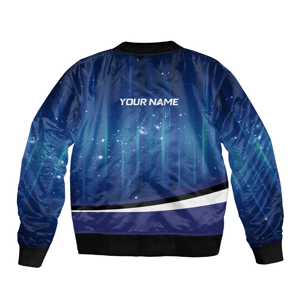Custom Galaxy Bowling Sleeve Zip Bomber Jacket with Striking Pins and Ball Design - Wonder Print Shop