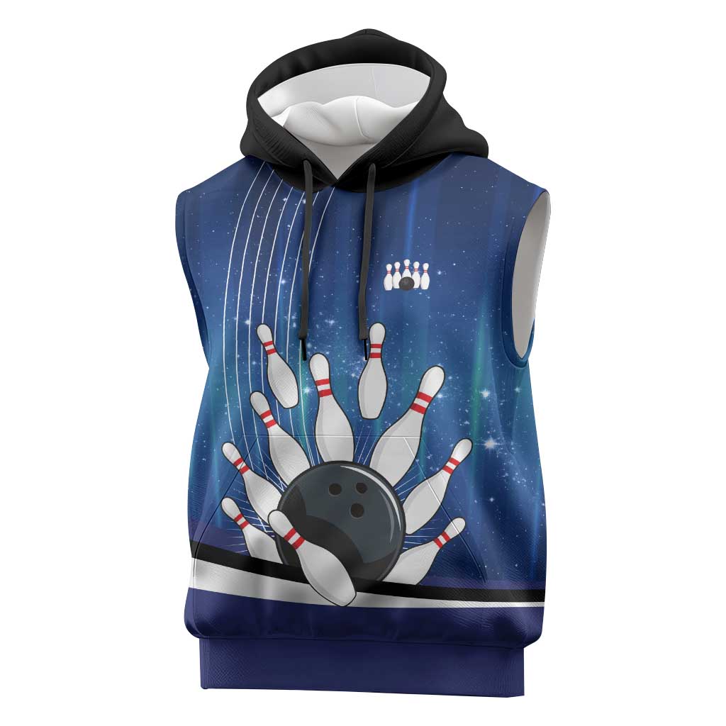 Custom Galaxy Bowling Sleeveless Hoodie with Striking Pins and Ball Design - Wonder Print Shop
