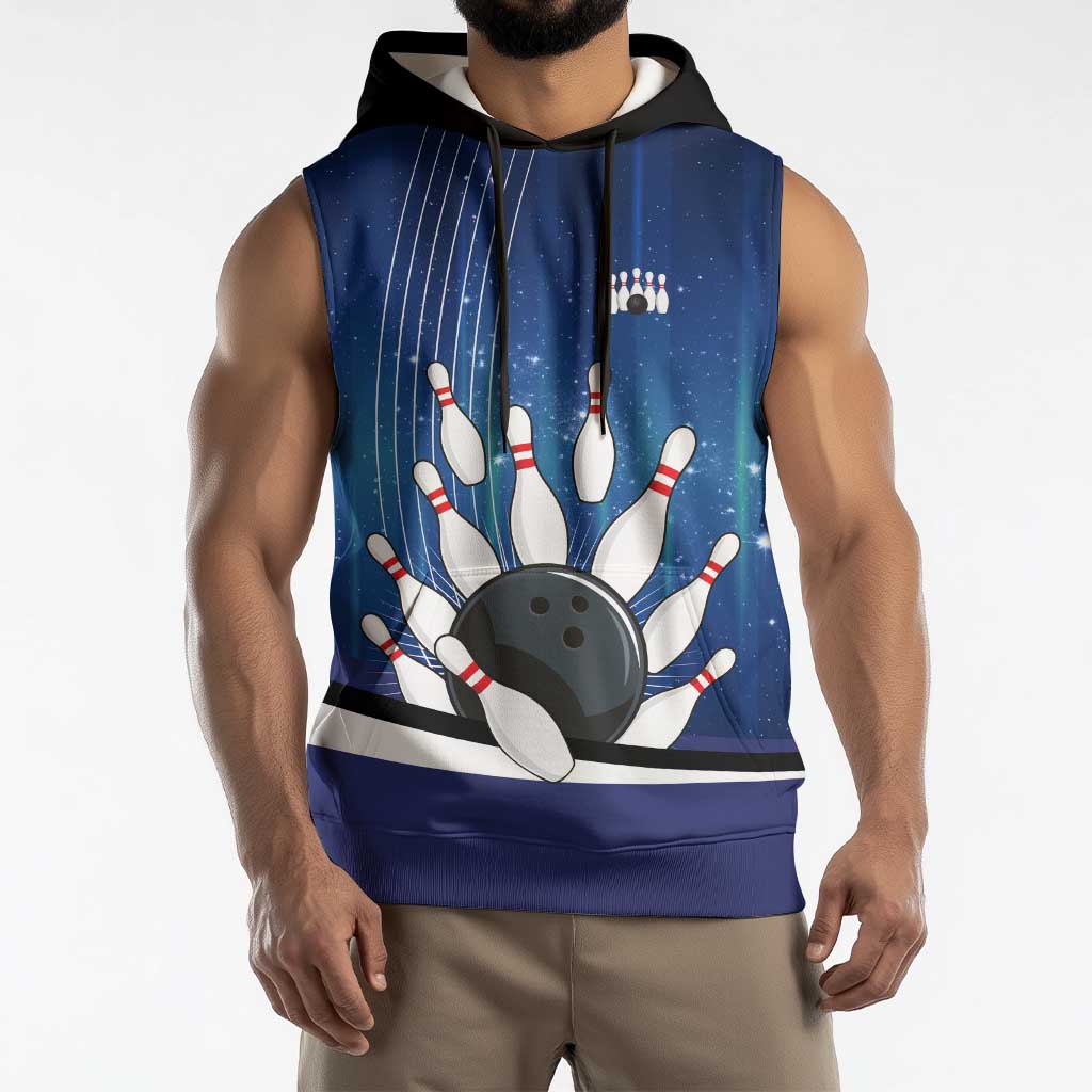 Custom Galaxy Bowling Sleeveless Hoodie with Striking Pins and Ball Design - Wonder Print Shop