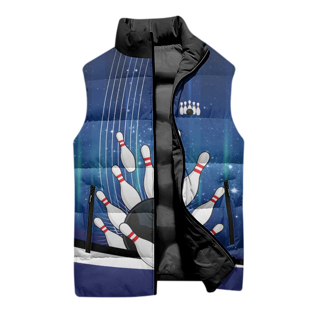 Custom Galaxy Bowling Sleeveless Puffer Jacket with Striking Pins and Ball Design - Wonder Print Shop