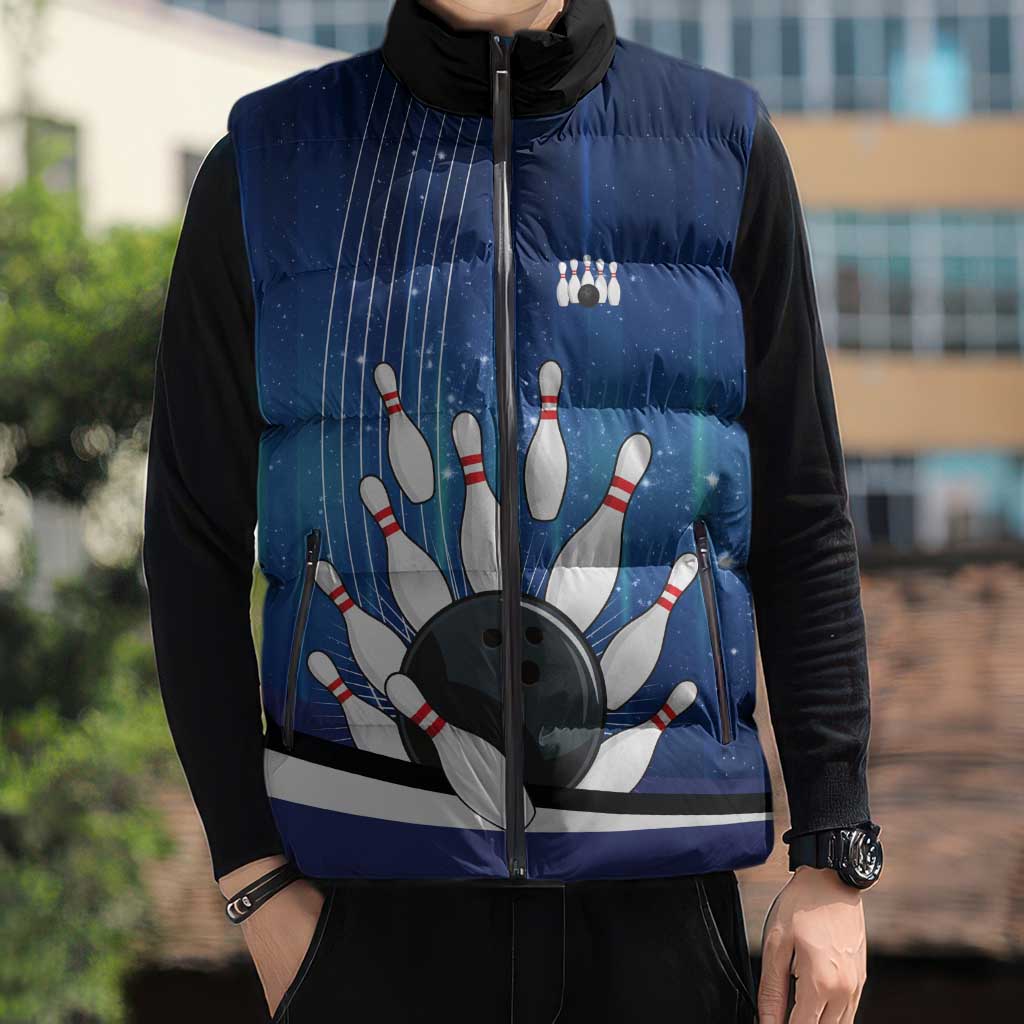 Custom Galaxy Bowling Sleeveless Puffer Jacket with Striking Pins and Ball Design - Wonder Print Shop