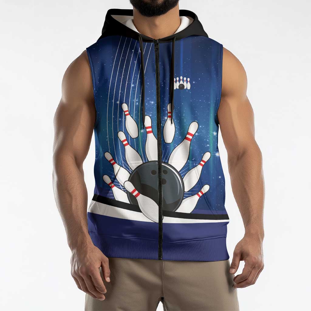 Custom Galaxy Bowling Sleeveless Zip Hoodie with Striking Pins and Ball Design - Wonder Print Shop