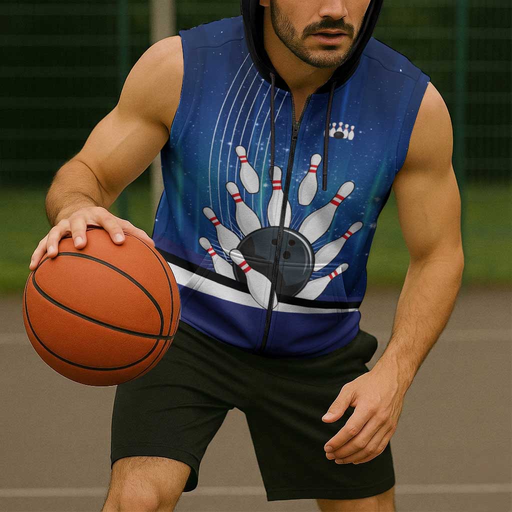 Custom Galaxy Bowling Sleeveless Zip Hoodie with Striking Pins and Ball Design - Wonder Print Shop