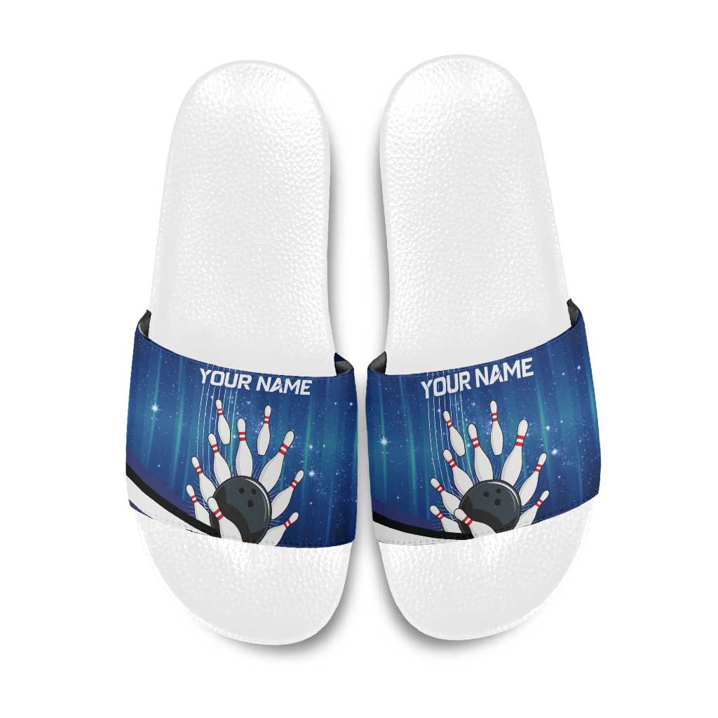 Custom Galaxy Bowling Slide Sandals with Striking Pins and Ball Design - Wonder Print Shop