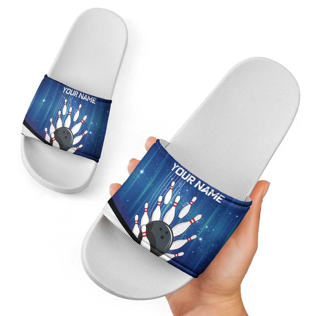 Custom Galaxy Bowling Slide Sandals with Striking Pins and Ball Design - Wonder Print Shop