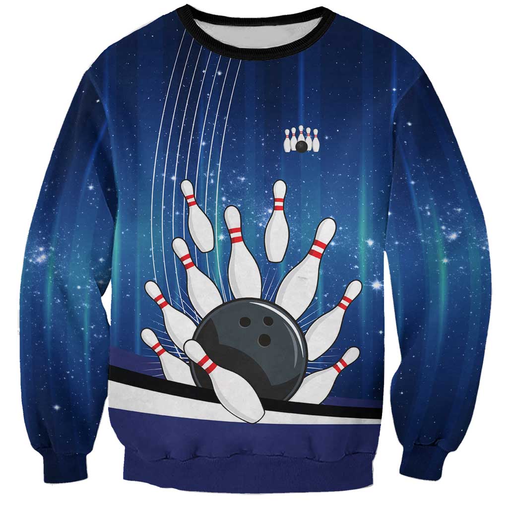 Custom Galaxy Bowling Sweatshirt with Striking Pins and Ball Design - Wonder Print Shop