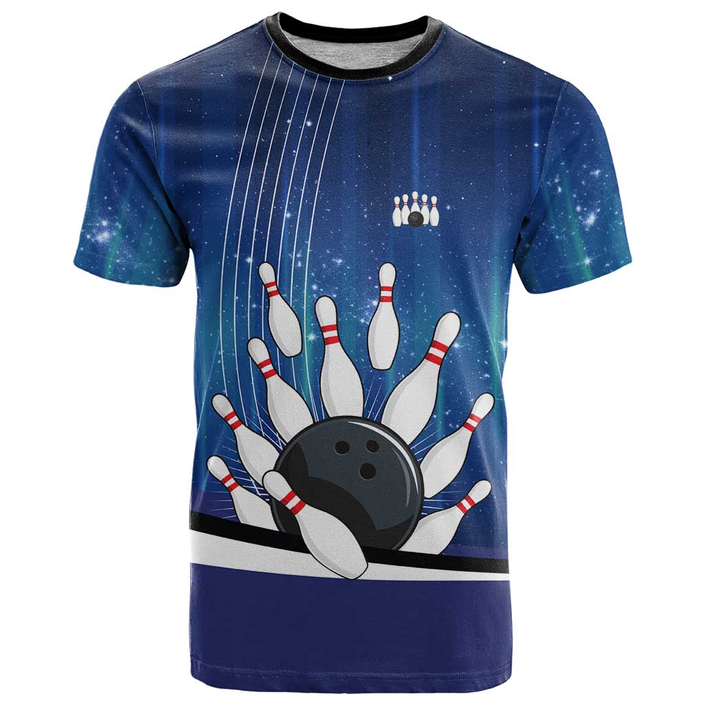 Custom Galaxy Bowling T Shirt with Striking Pins and Ball Design - Wonder Print Shop