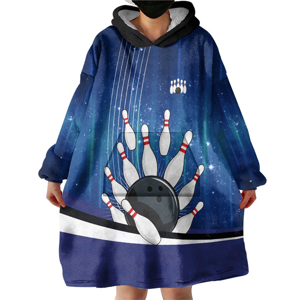 Custom Galaxy Bowling Wearable Blanket Hoodie with Striking Pins and Ball Design - Wonder Print Shop