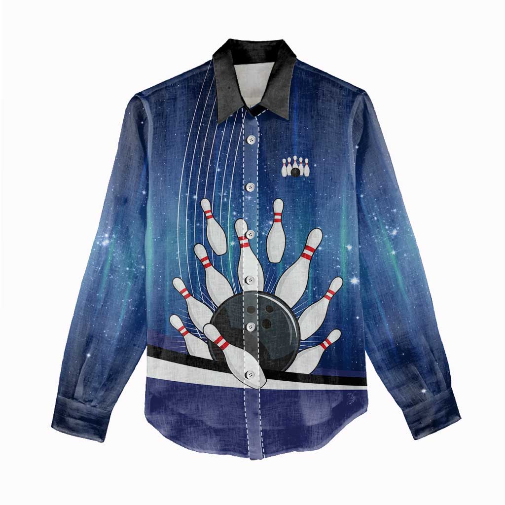 Custom Galaxy Bowling Women Casual Shirt with Striking Pins and Ball Design - Wonder Print Shop