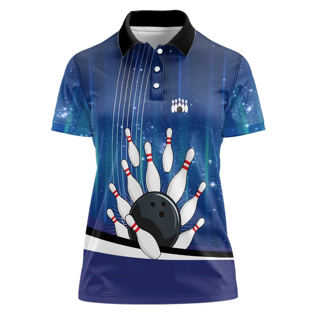 Custom Galaxy Bowling Women Polo Shirt with Striking Pins and Ball Design - Wonder Print Shop