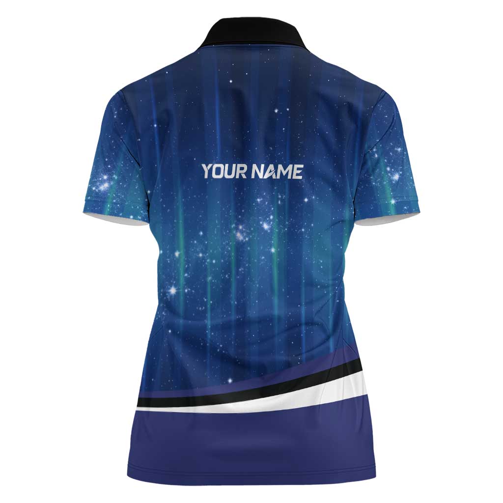 Custom Galaxy Bowling Women Polo Shirt with Striking Pins and Ball Design - Wonder Print Shop