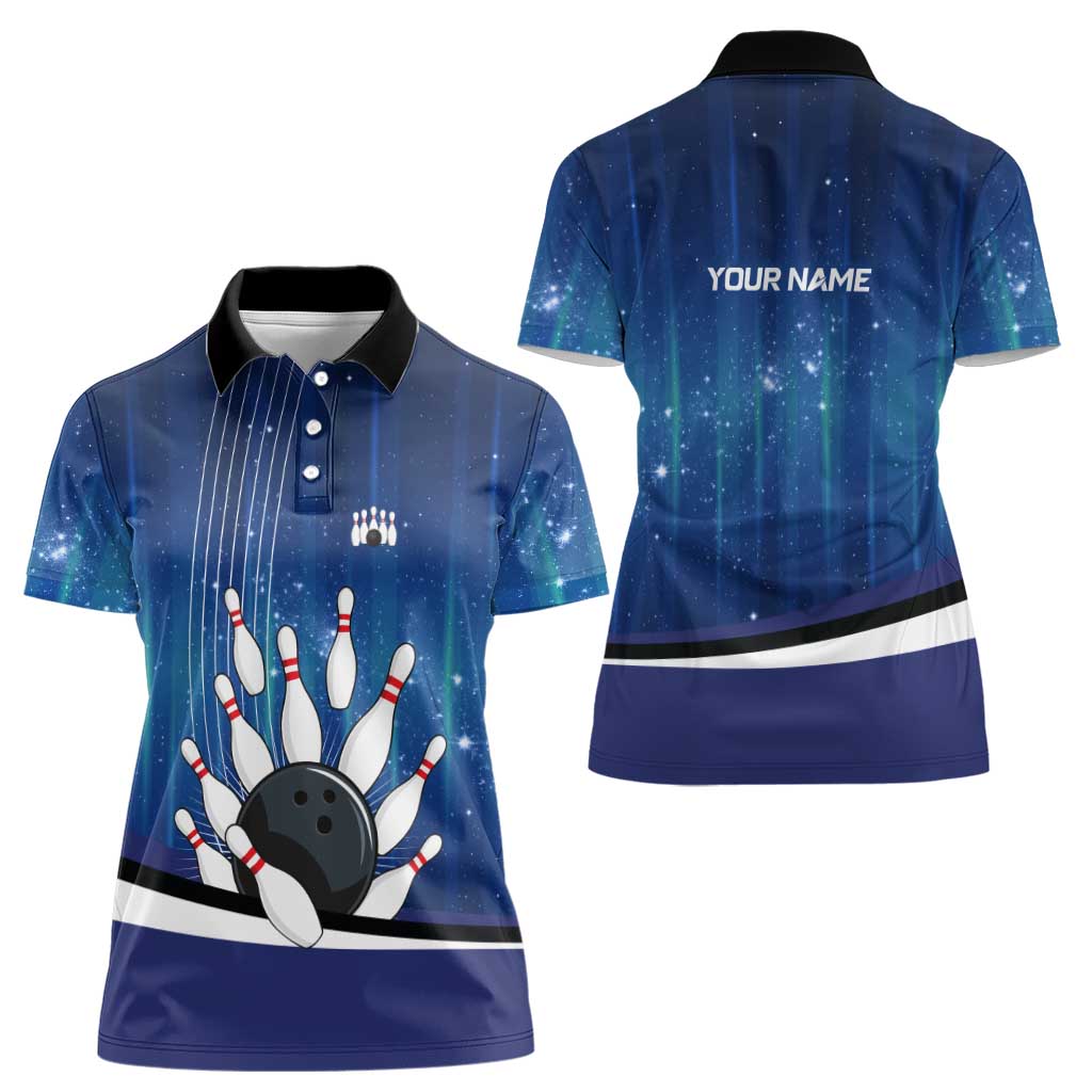 Custom Galaxy Bowling Women Polo Shirt with Striking Pins and Ball Design - Wonder Print Shop