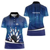 Custom Galaxy Bowling Women Polo Shirt with Striking Pins and Ball Design - Wonder Print Shop