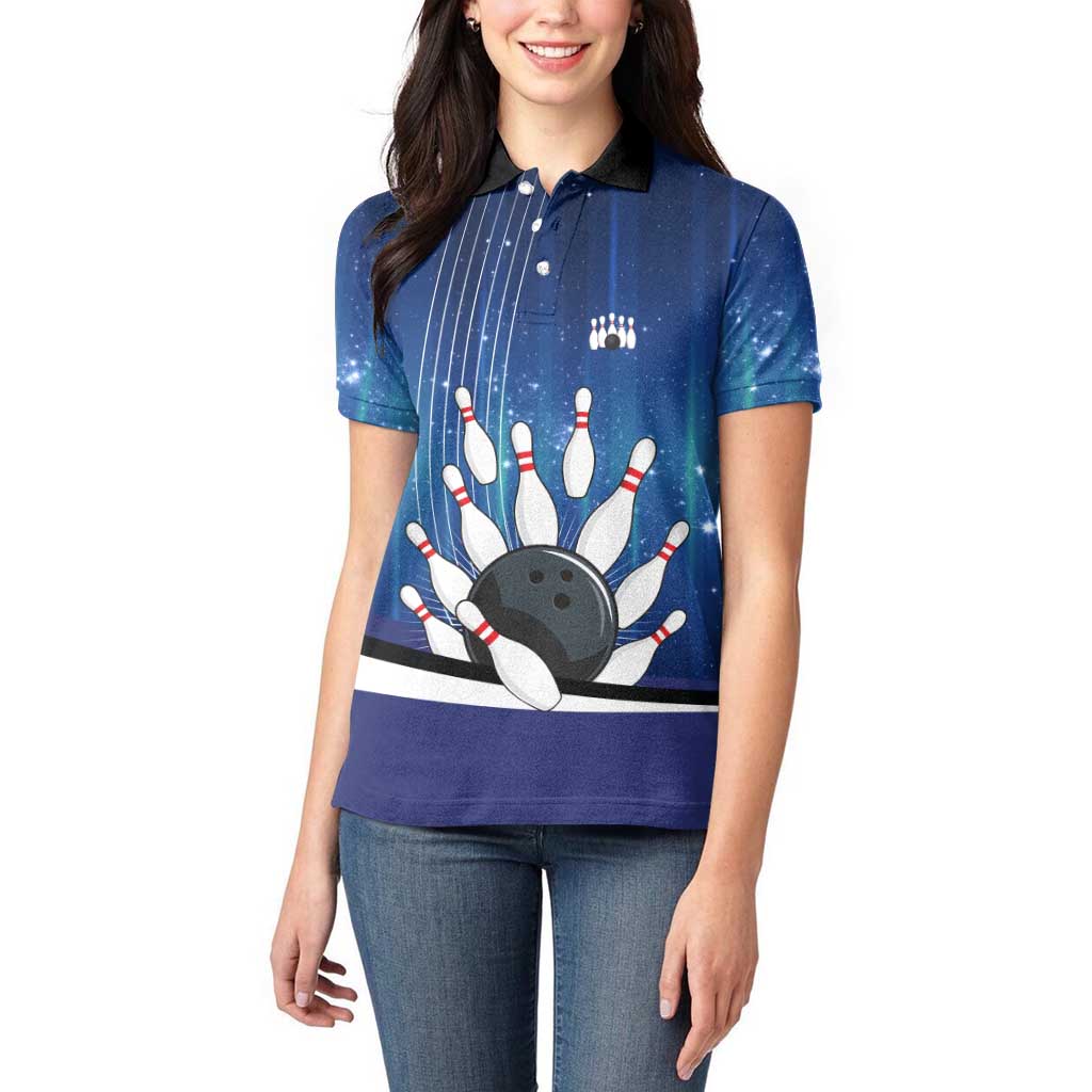 Custom Galaxy Bowling Women Polo Shirt with Striking Pins and Ball Design - Wonder Print Shop
