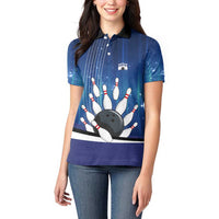 Custom Galaxy Bowling Women Polo Shirt with Striking Pins and Ball Design - Wonder Print Shop