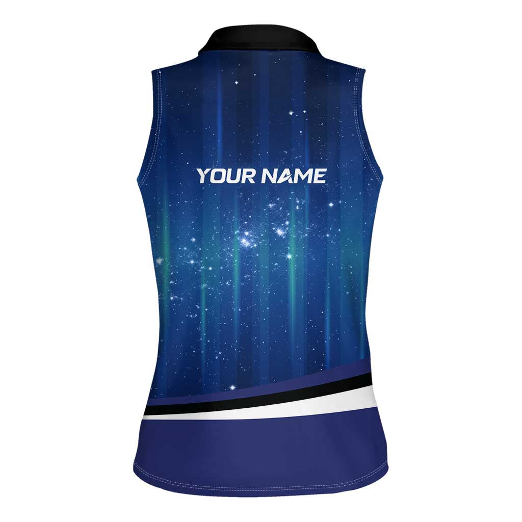 Custom Galaxy Bowling Women Sleeveless Polo Shirt with Striking Pins and Ball Design - Wonder Print Shop
