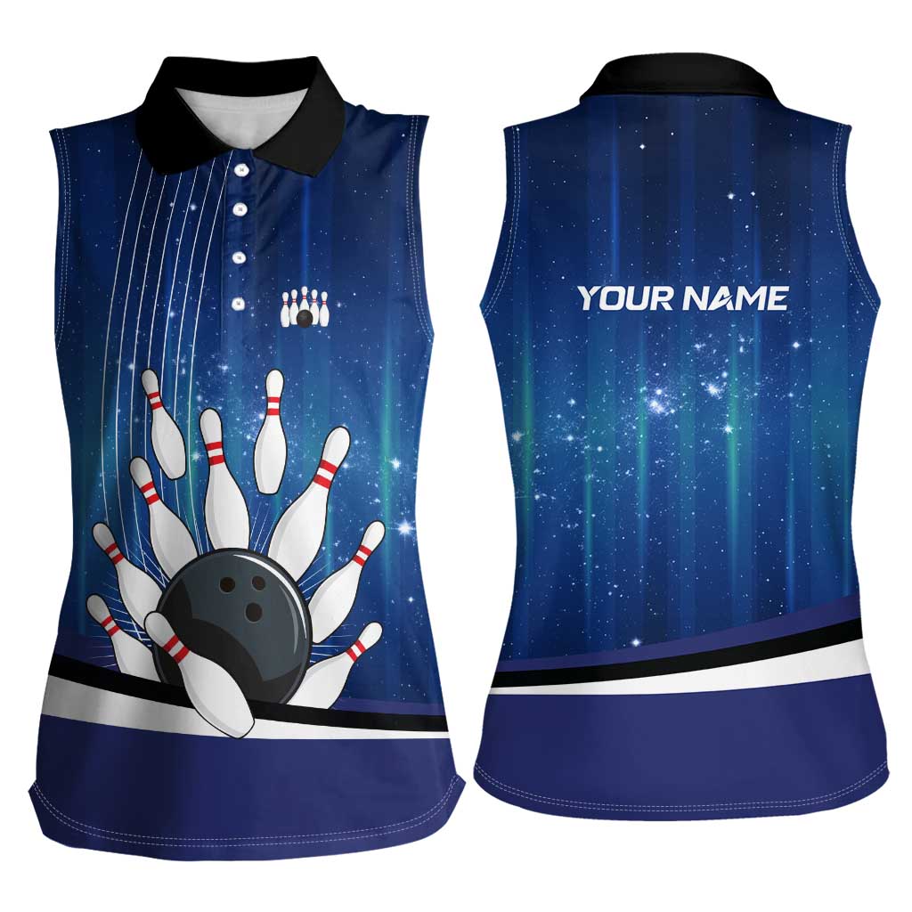 Custom Galaxy Bowling Women Sleeveless Polo Shirt with Striking Pins and Ball Design - Wonder Print Shop
