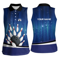 Custom Galaxy Bowling Women Sleeveless Polo Shirt with Striking Pins and Ball Design - Wonder Print Shop
