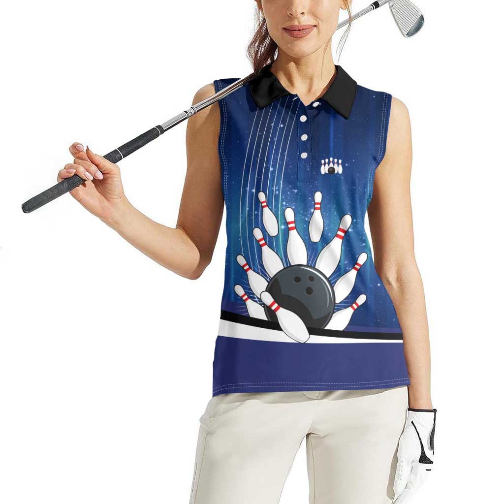 Custom Galaxy Bowling Women Sleeveless Polo Shirt with Striking Pins and Ball Design - Wonder Print Shop