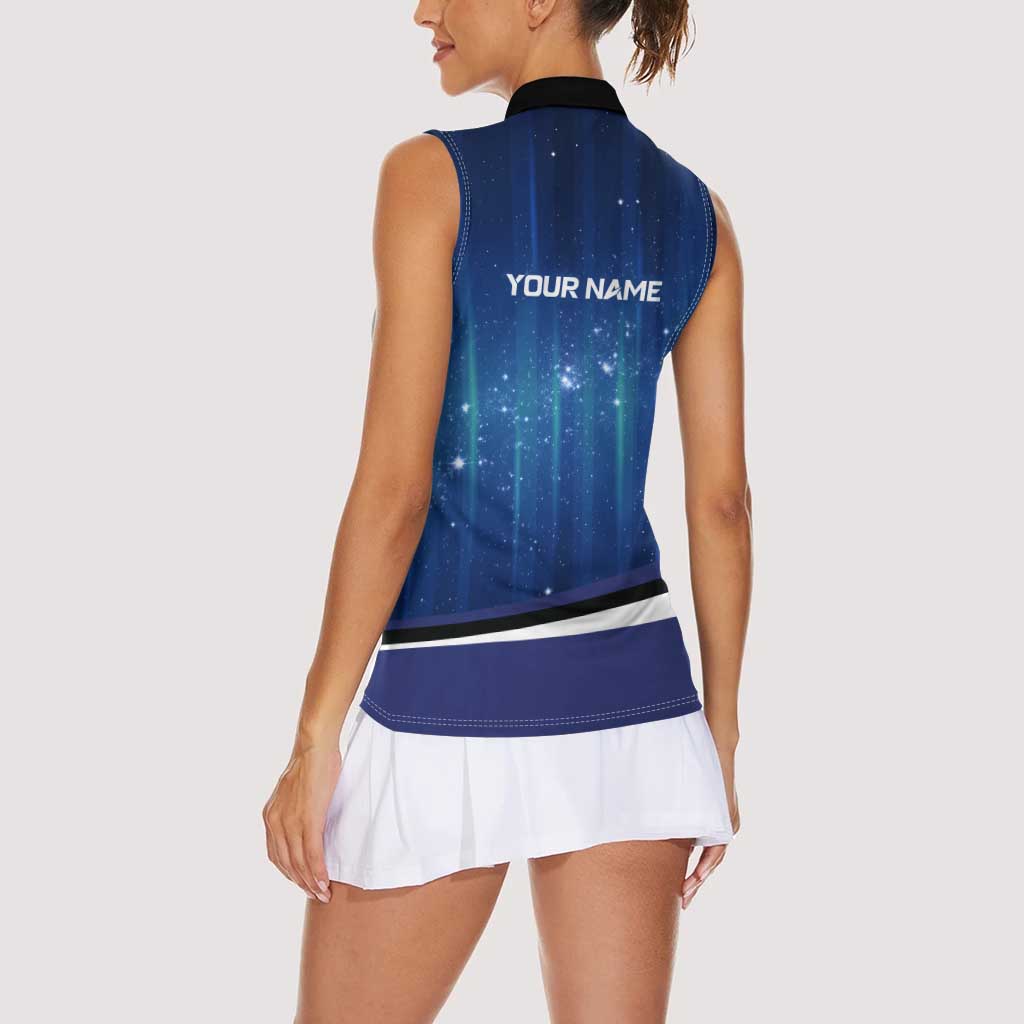 Custom Galaxy Bowling Women Sleeveless Polo Shirt with Striking Pins and Ball Design - Wonder Print Shop