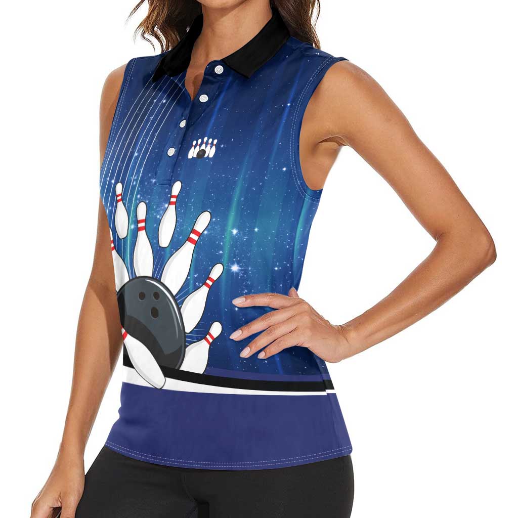 Custom Galaxy Bowling Women Sleeveless Polo Shirt with Striking Pins and Ball Design - Wonder Print Shop