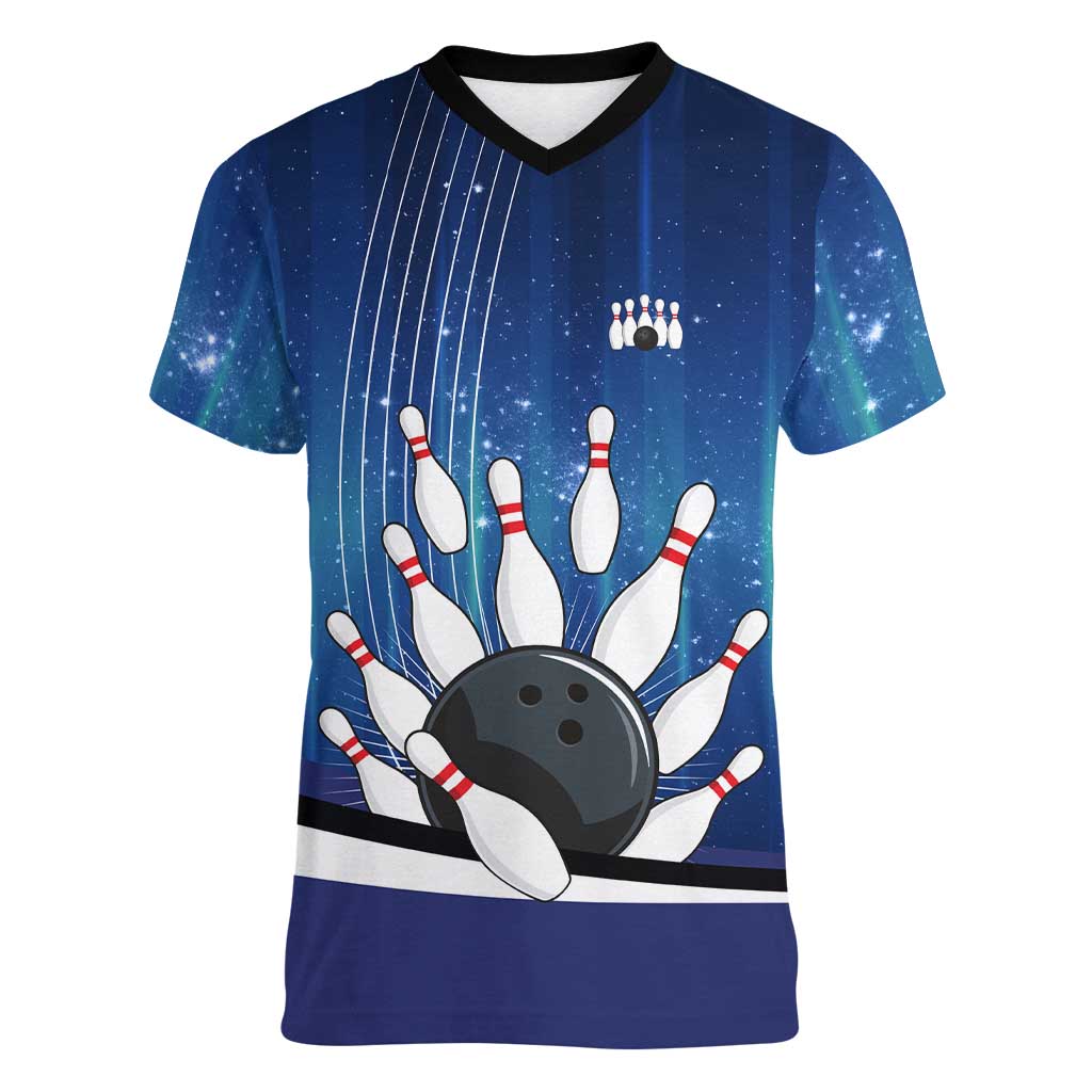 Custom Galaxy Bowling Women V-Neck T-Shirt with Striking Pins and Ball Design - Wonder Print Shop