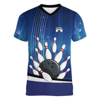 Custom Galaxy Bowling Women V-Neck T-Shirt with Striking Pins and Ball Design - Wonder Print Shop