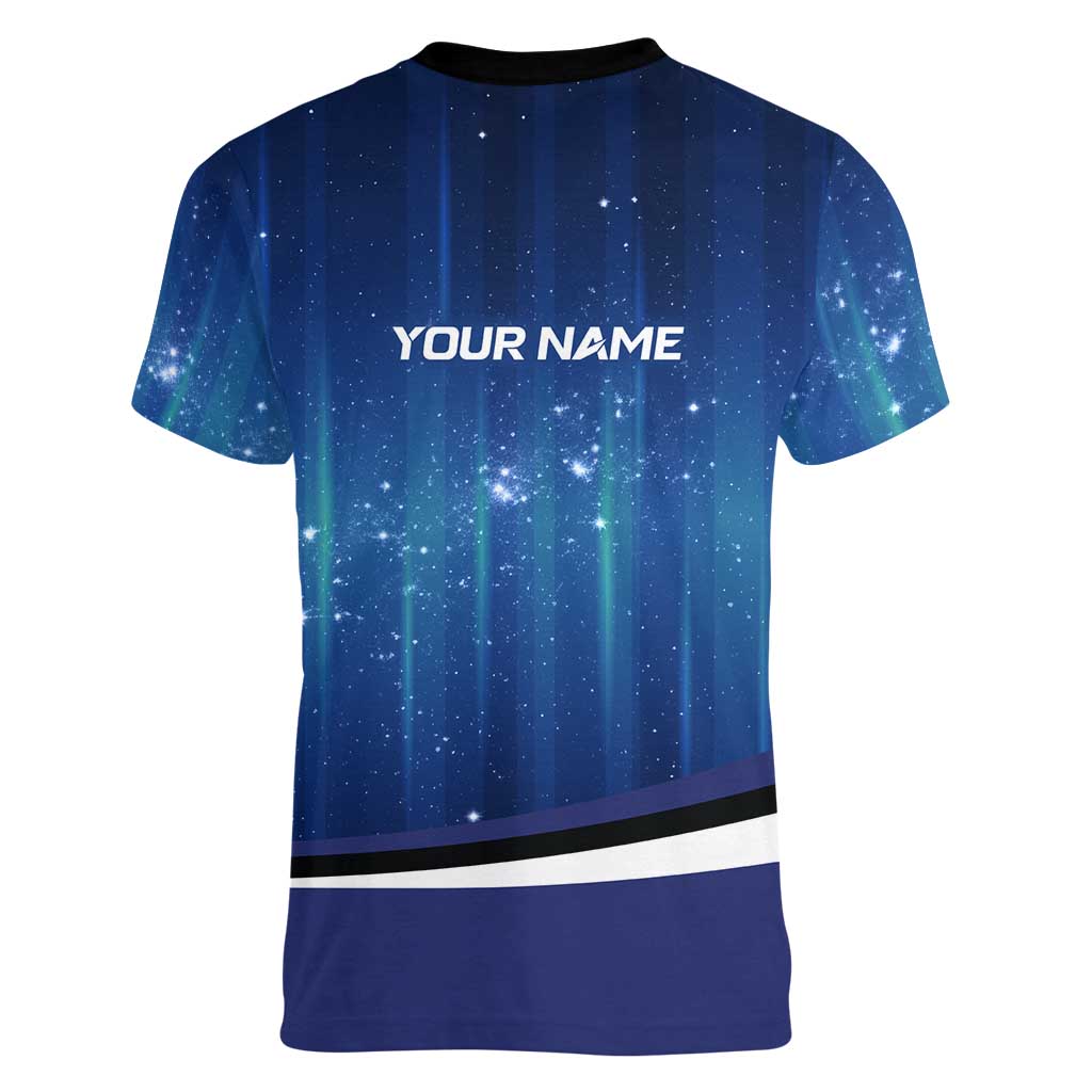 Custom Galaxy Bowling Women V-Neck T-Shirt with Striking Pins and Ball Design - Wonder Print Shop