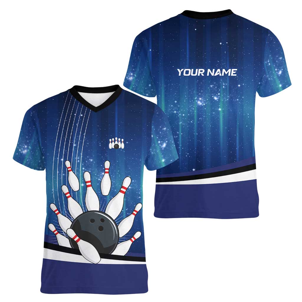 Custom Galaxy Bowling Women V-Neck T-Shirt with Striking Pins and Ball Design - Wonder Print Shop