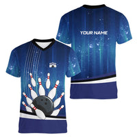Custom Galaxy Bowling Women V-Neck T-Shirt with Striking Pins and Ball Design - Wonder Print Shop