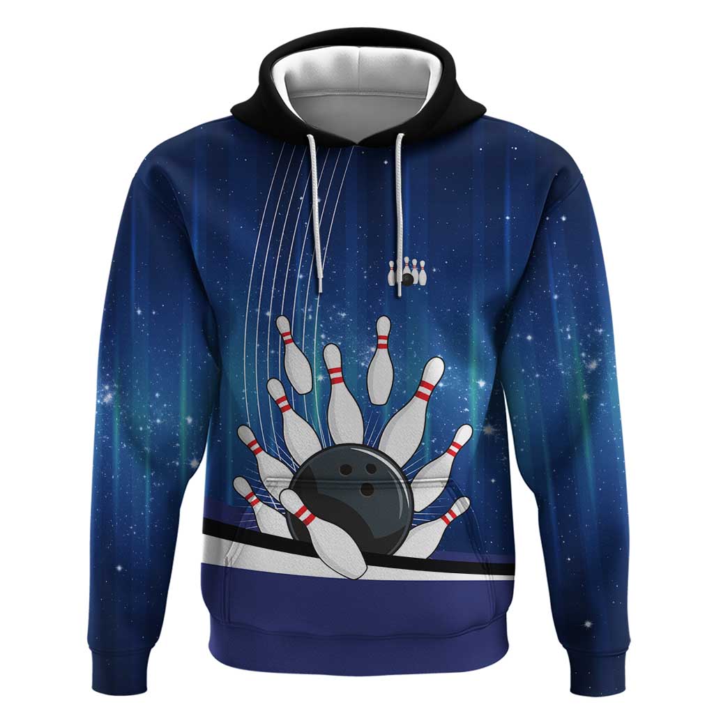 Custom Galaxy Bowling Zip Hoodie with Striking Pins and Ball Design - Wonder Print Shop