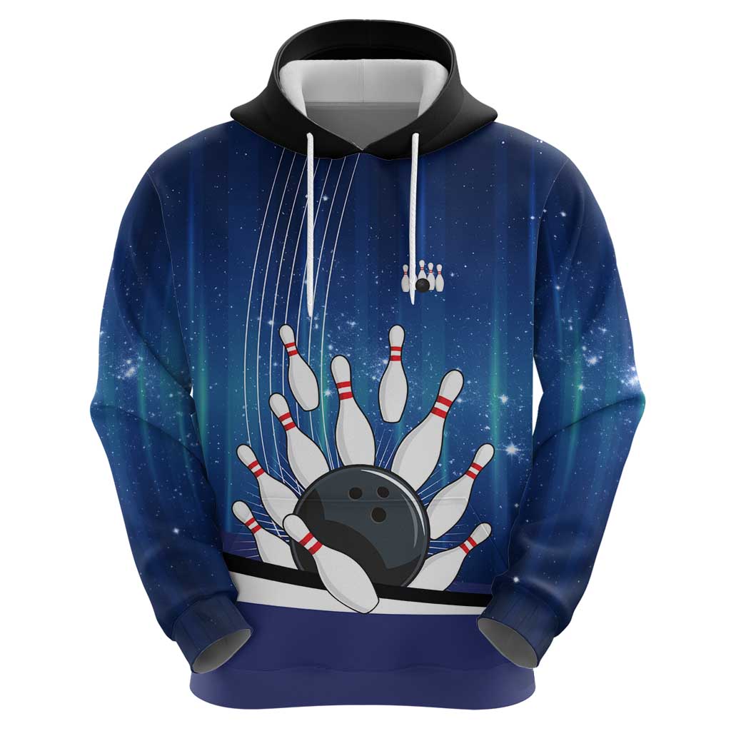 Custom Galaxy Bowling Zip Hoodie with Striking Pins and Ball Design - Wonder Print Shop