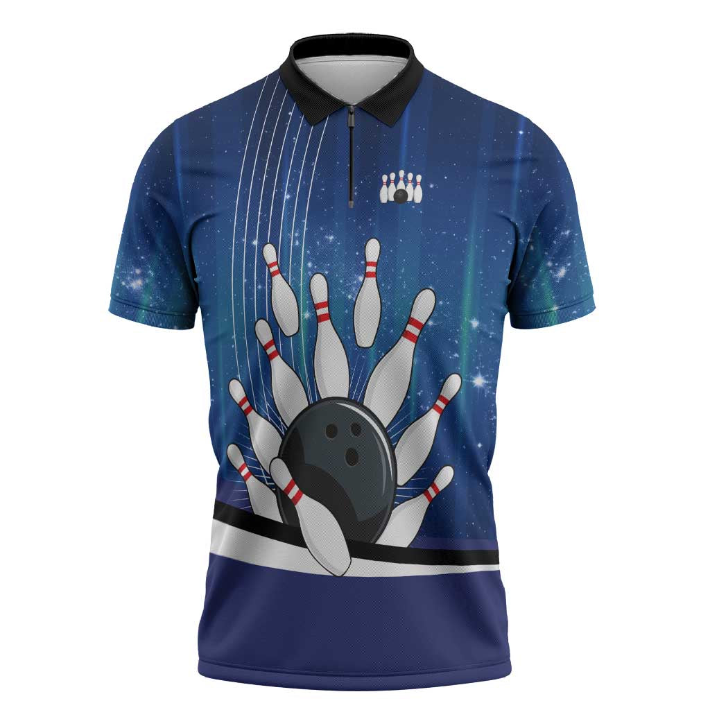 Custom Galaxy Bowling Zipper Polo Shirt with Striking Pins and Ball Design - Wonder Print Shop