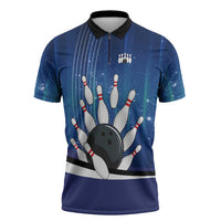 Custom Galaxy Bowling Zipper Polo Shirt with Striking Pins and Ball Design - Wonder Print Shop