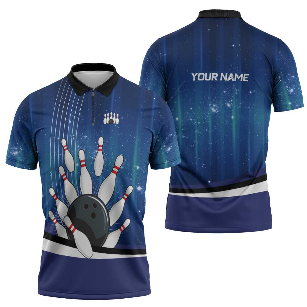 Custom Galaxy Bowling Zipper Polo Shirt with Striking Pins and Ball Design - Wonder Print Shop