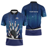 Custom Galaxy Bowling Zipper Polo Shirt with Striking Pins and Ball Design - Wonder Print Shop