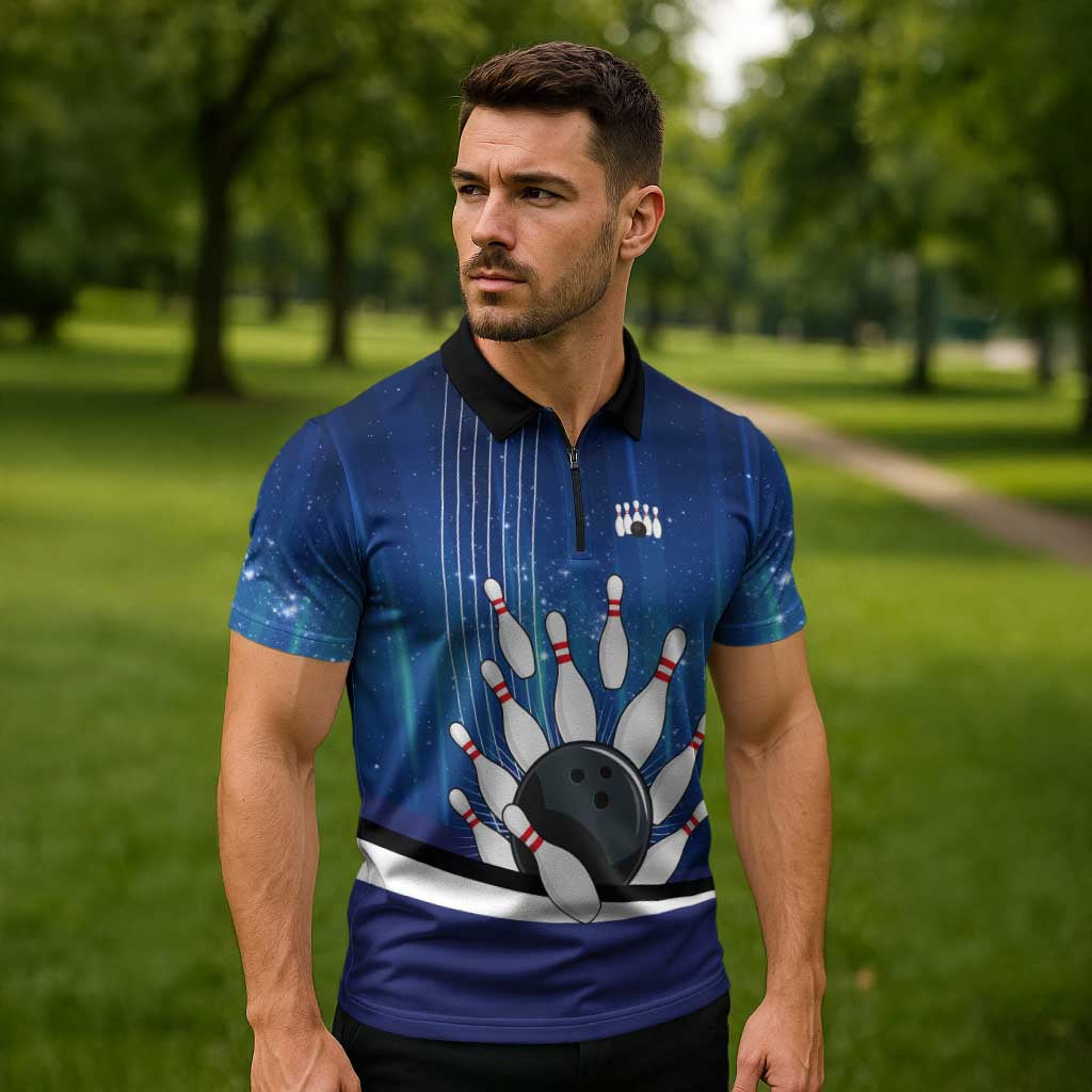 Custom Galaxy Bowling Zipper Polo Shirt with Striking Pins and Ball Design - Wonder Print Shop