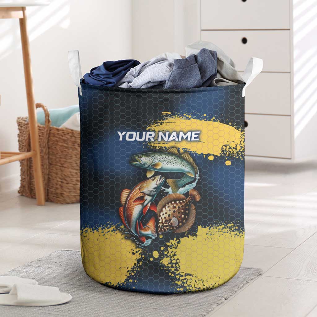 Custom Camo Redfish Laundry Basket with Colorful Fish Design, Yellow Splatter Pattern - Wonder Print Shop