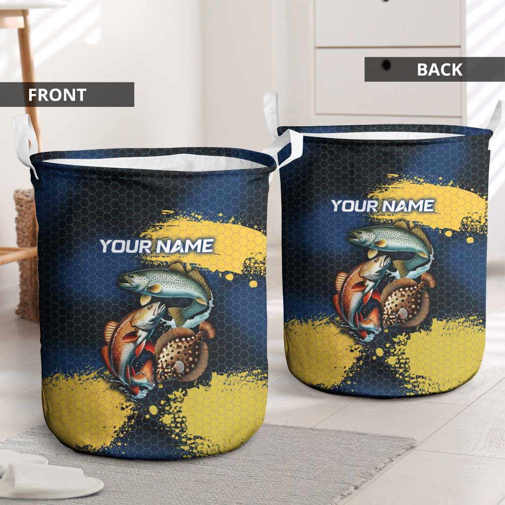 Custom Camo Redfish Laundry Basket with Colorful Fish Design, Yellow Splatter Pattern - Wonder Print Shop