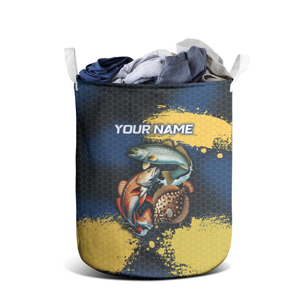 Custom Camo Redfish Laundry Basket with Colorful Fish Design, Yellow Splatter Pattern - Wonder Print Shop