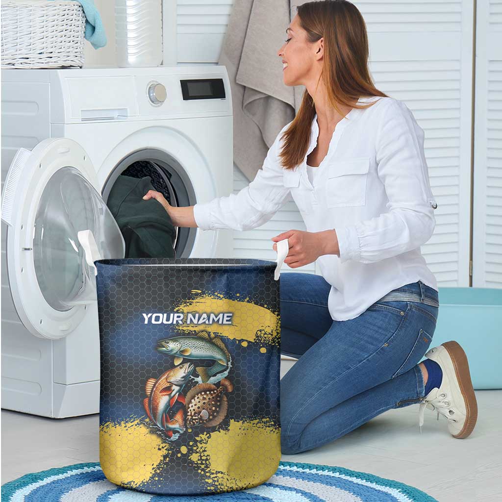 Custom Camo Redfish Laundry Basket with Colorful Fish Design, Yellow Splatter Pattern - Wonder Print Shop