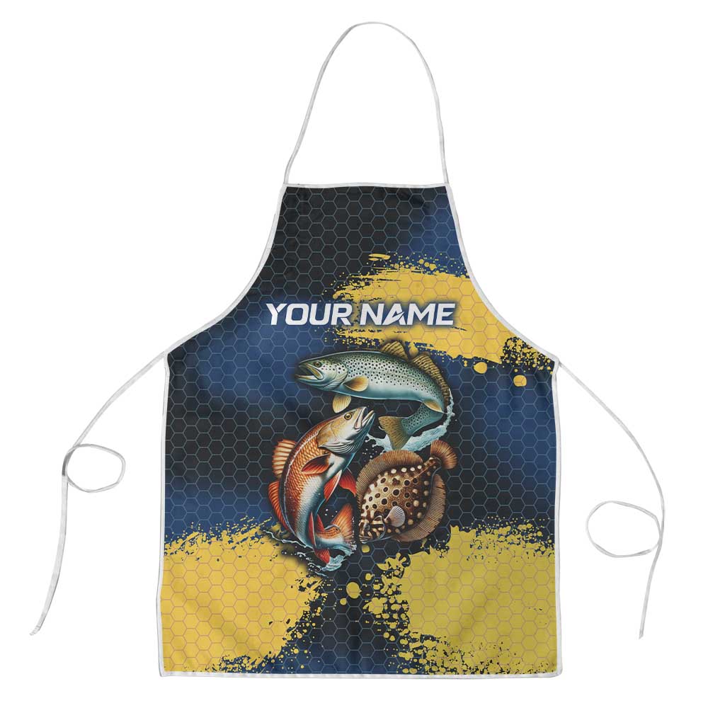 Custom Camo Redfish Apron with Colorful Fish Design, Yellow Splatter Pattern - Wonder Print Shop