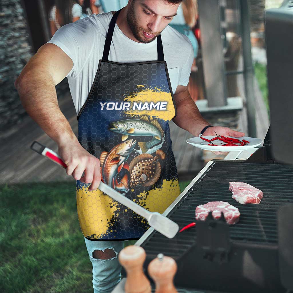 Custom Camo Redfish Apron with Colorful Fish Design, Yellow Splatter Pattern - Wonder Print Shop