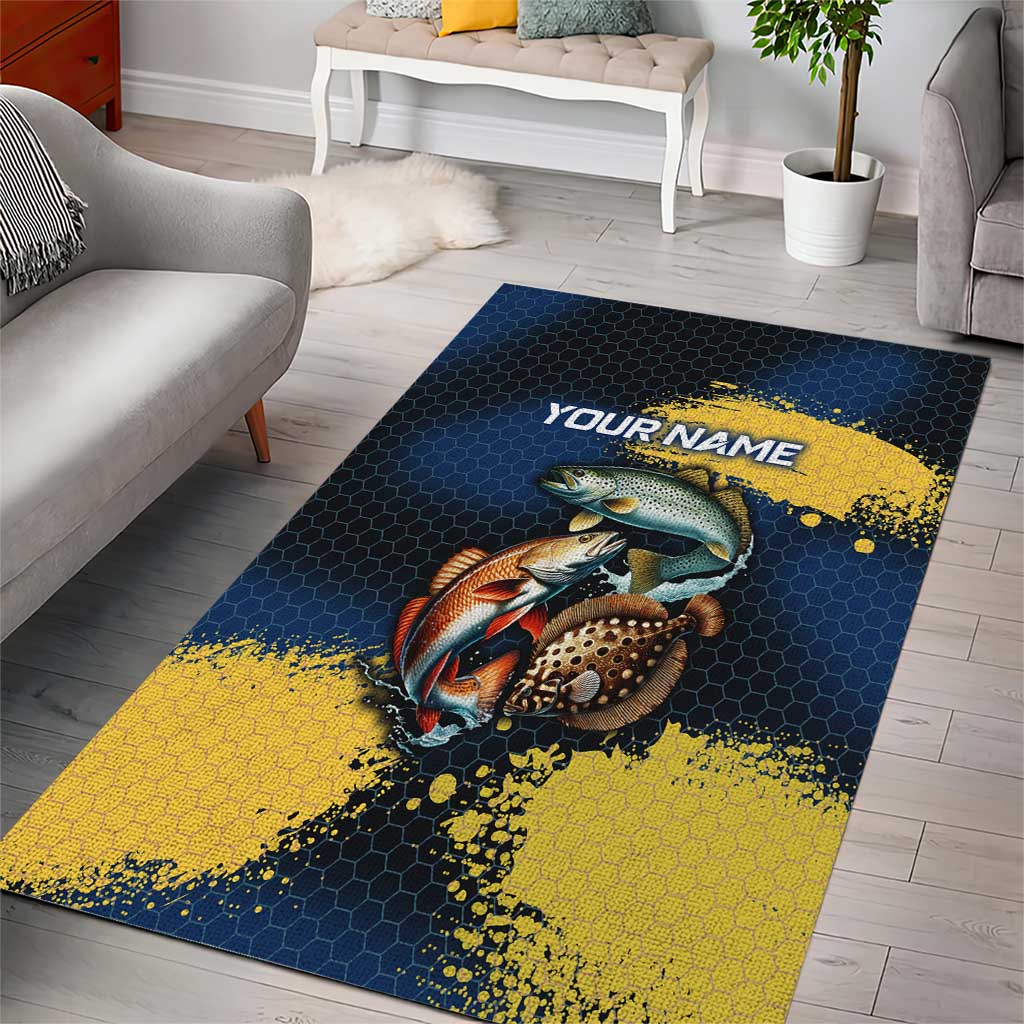Custom Camo Redfish Area Rug with Colorful Fish Design, Yellow Splatter Pattern - Wonder Print Shop