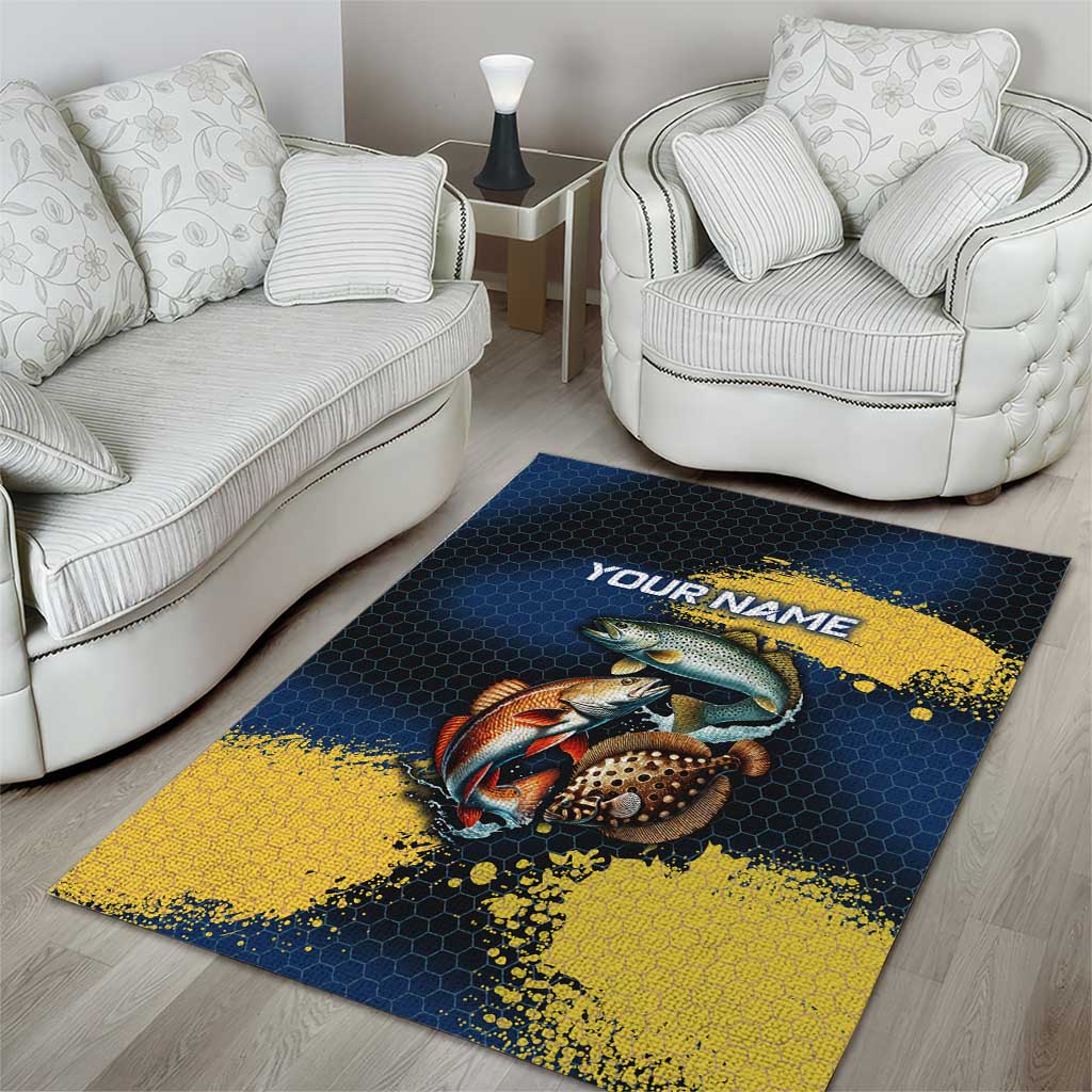 Custom Camo Redfish Area Rug with Colorful Fish Design, Yellow Splatter Pattern - Wonder Print Shop