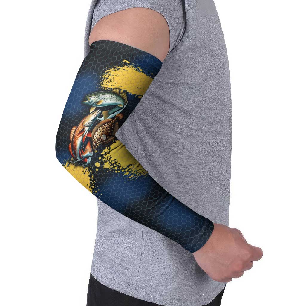 Custom Camo Redfish Arm Sleeves with Colorful Fish Design, Yellow Splatter Pattern - Wonder Print Shop