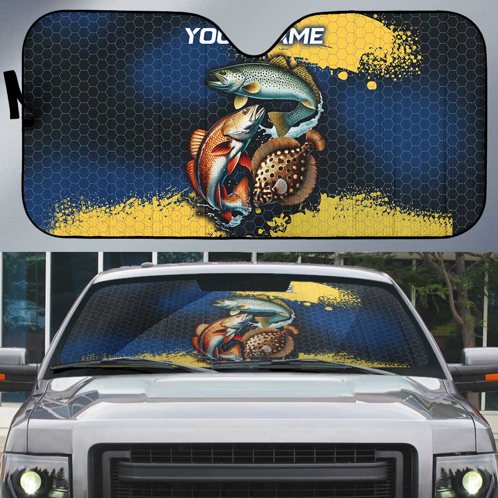 Custom Camo Redfish Auto Sun Shade with Colorful Fish Design, Yellow Splatter Pattern - Wonder Print Shop